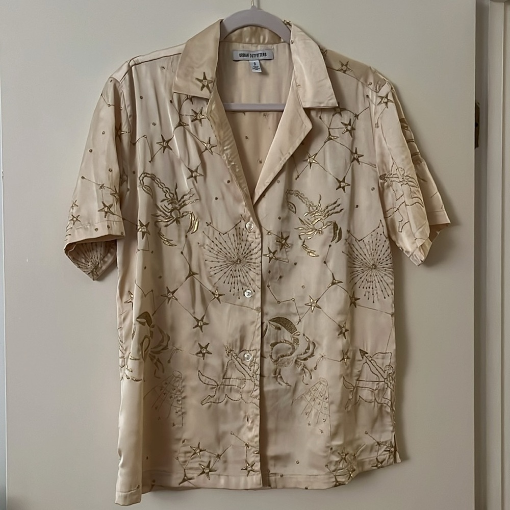 Urban Outfitters Gold Zodiac Embroidery Button Down Shirt